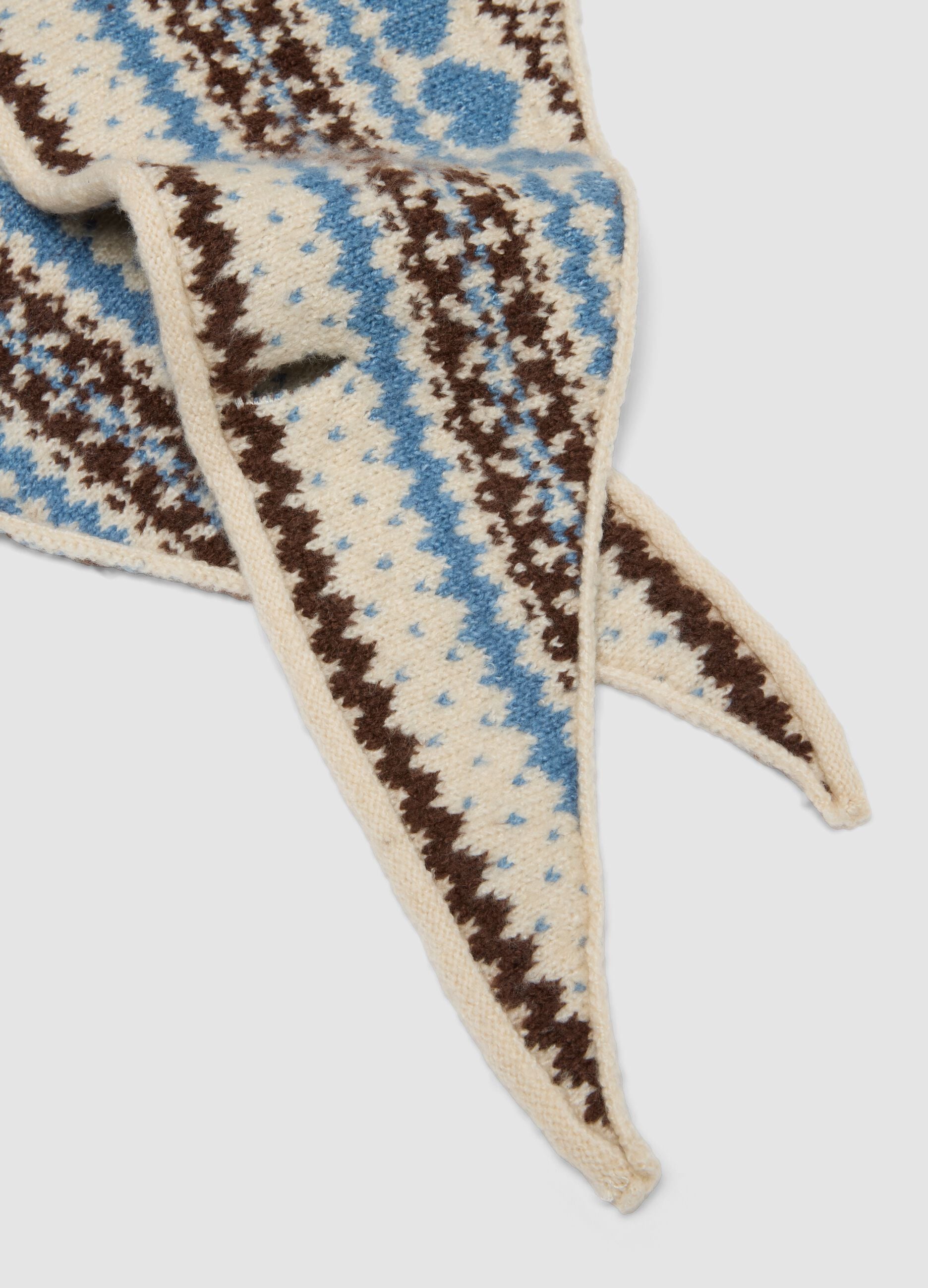 Beige scarf with light blue and brown jacquard pattern