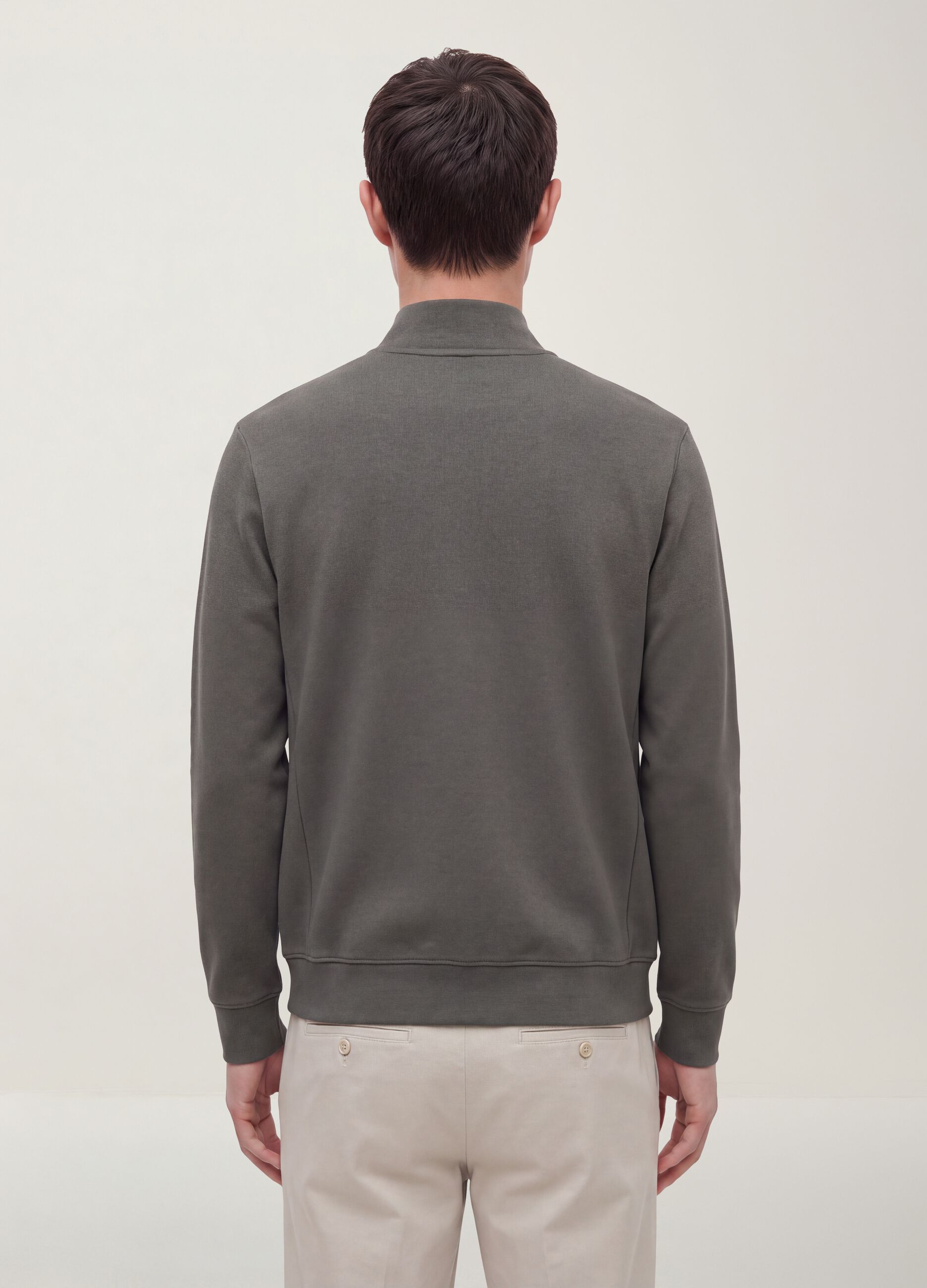 Grey full-zip piqu&eacute; sweatshirt in stretch fabric with ribbed collar