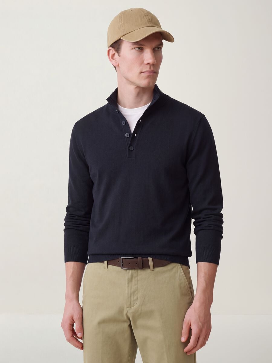 Blue cotton and cashmere blend polo jumper_0