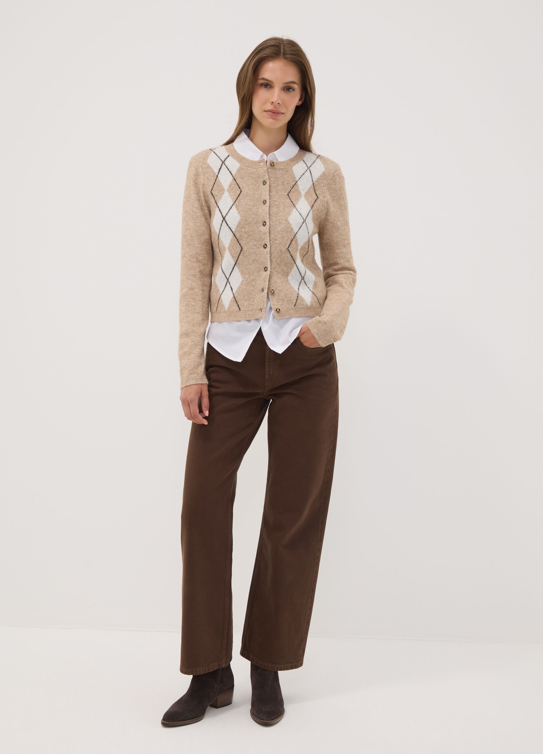 Beige jacquard stretch wool crew-neck cardigan, regular fit