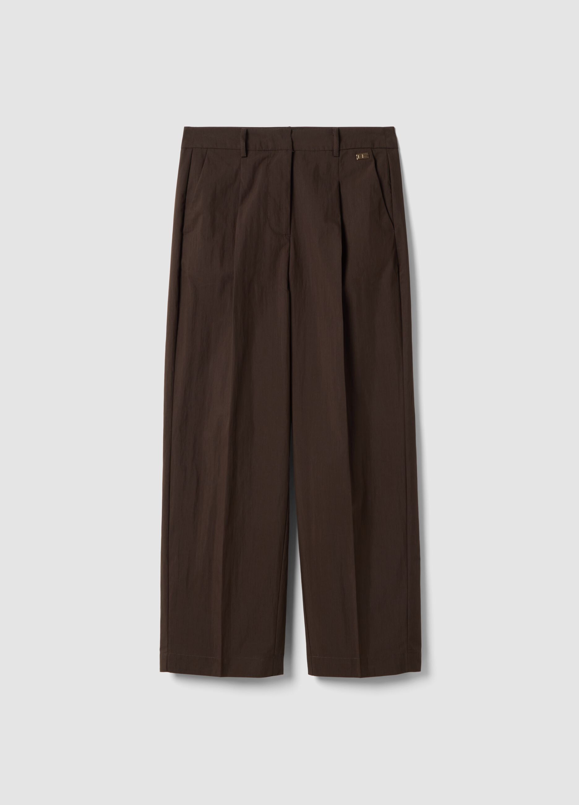 Brown cotton blend straight fit trousers