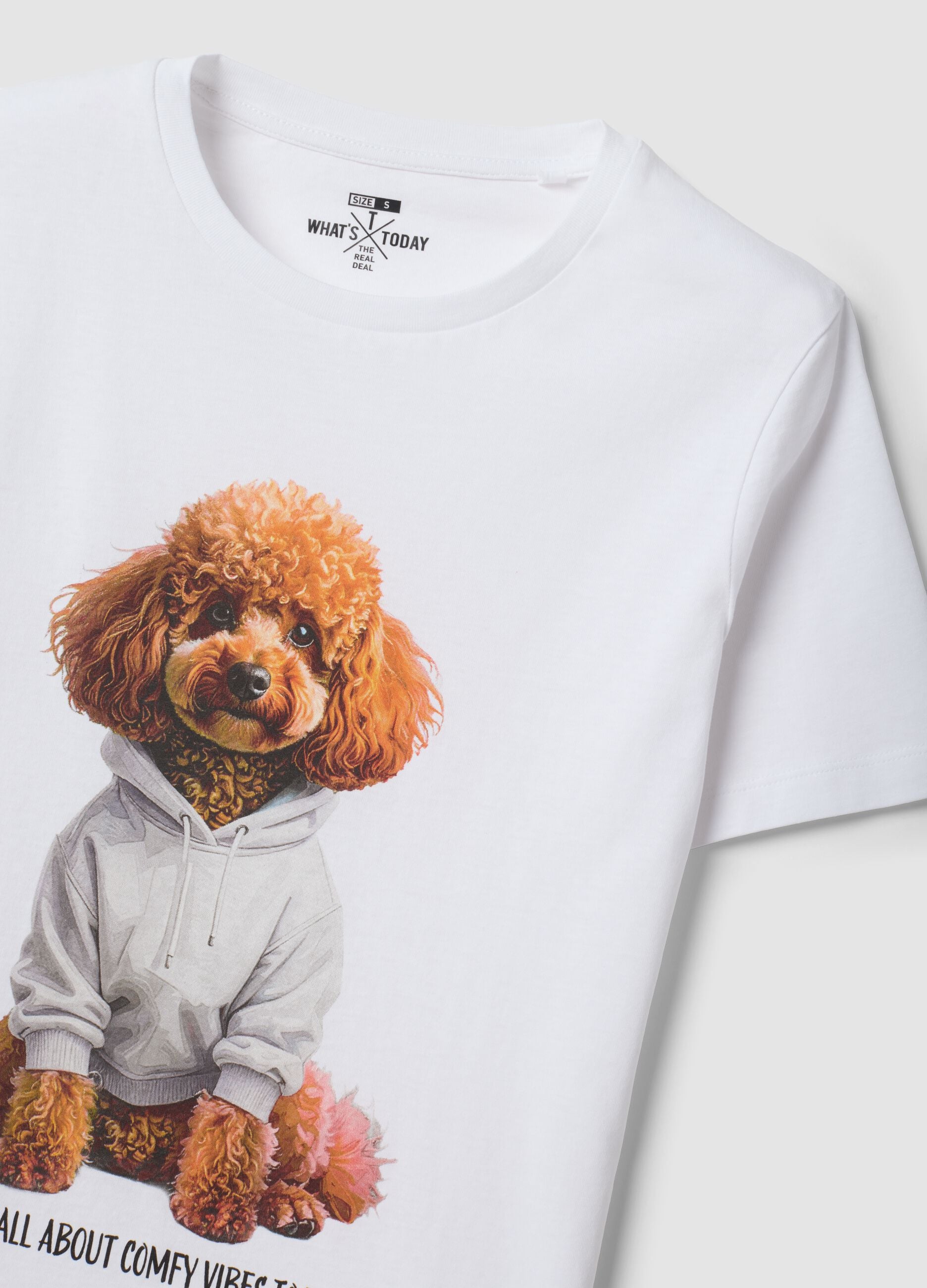 T-shirt bianca in puro cotone jersey e stampa cagnolino regular fit