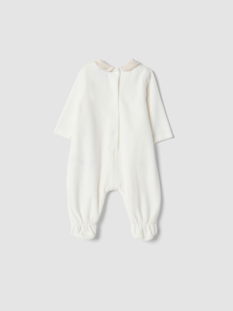 White organic cotton-blend baby sleepsuit with collar and animal embroidery_1