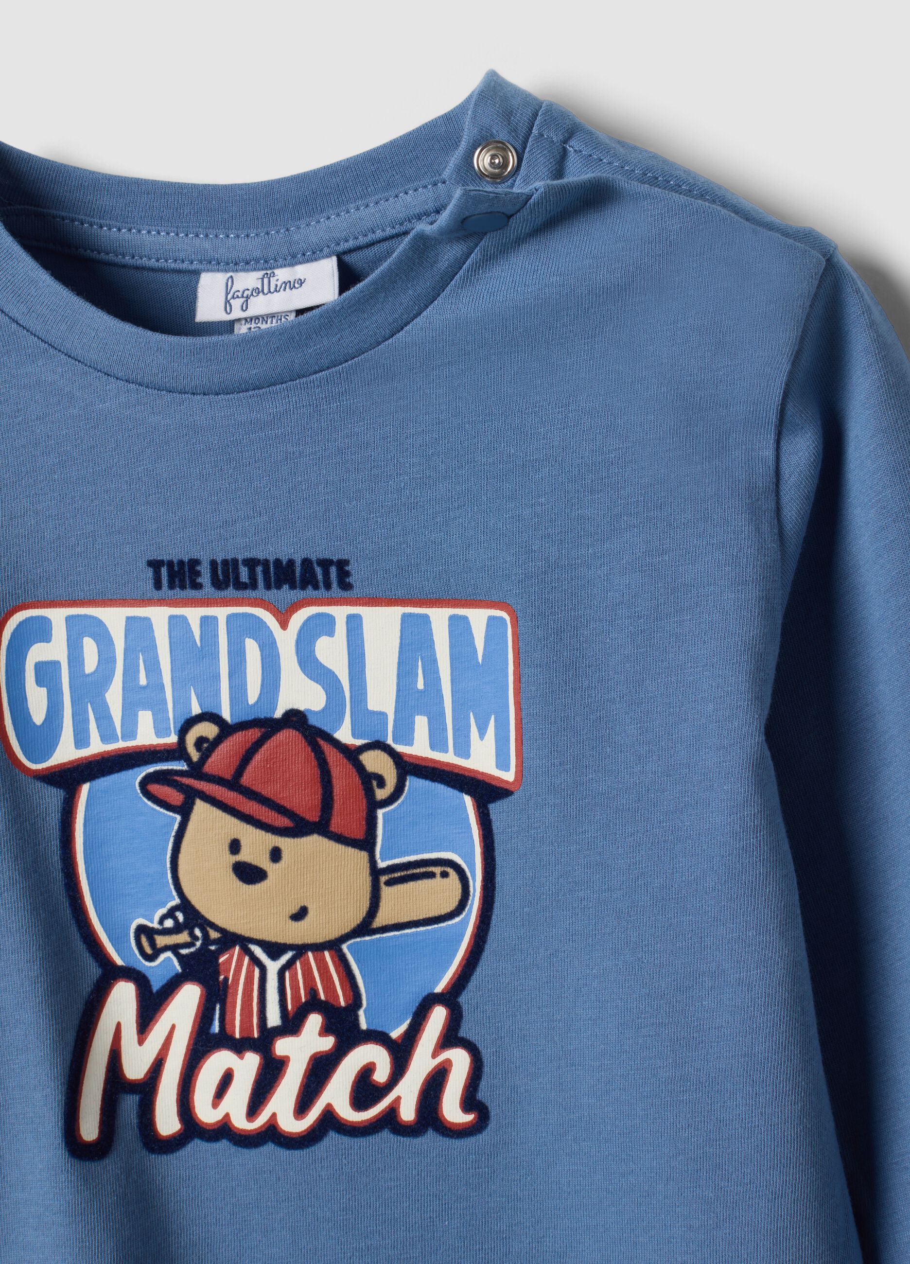 Blue organic cotton T-shirt with teddy bear print
