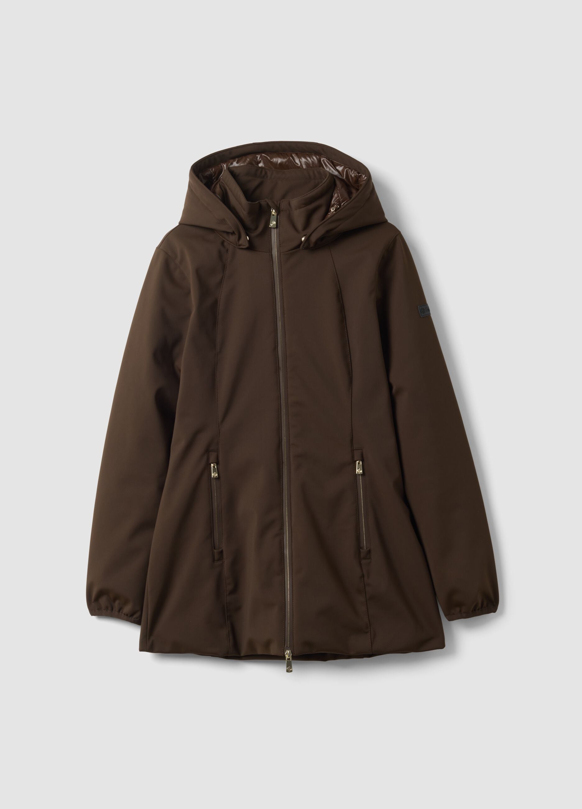 Brown stretch-fabric parka with hood, regular fit