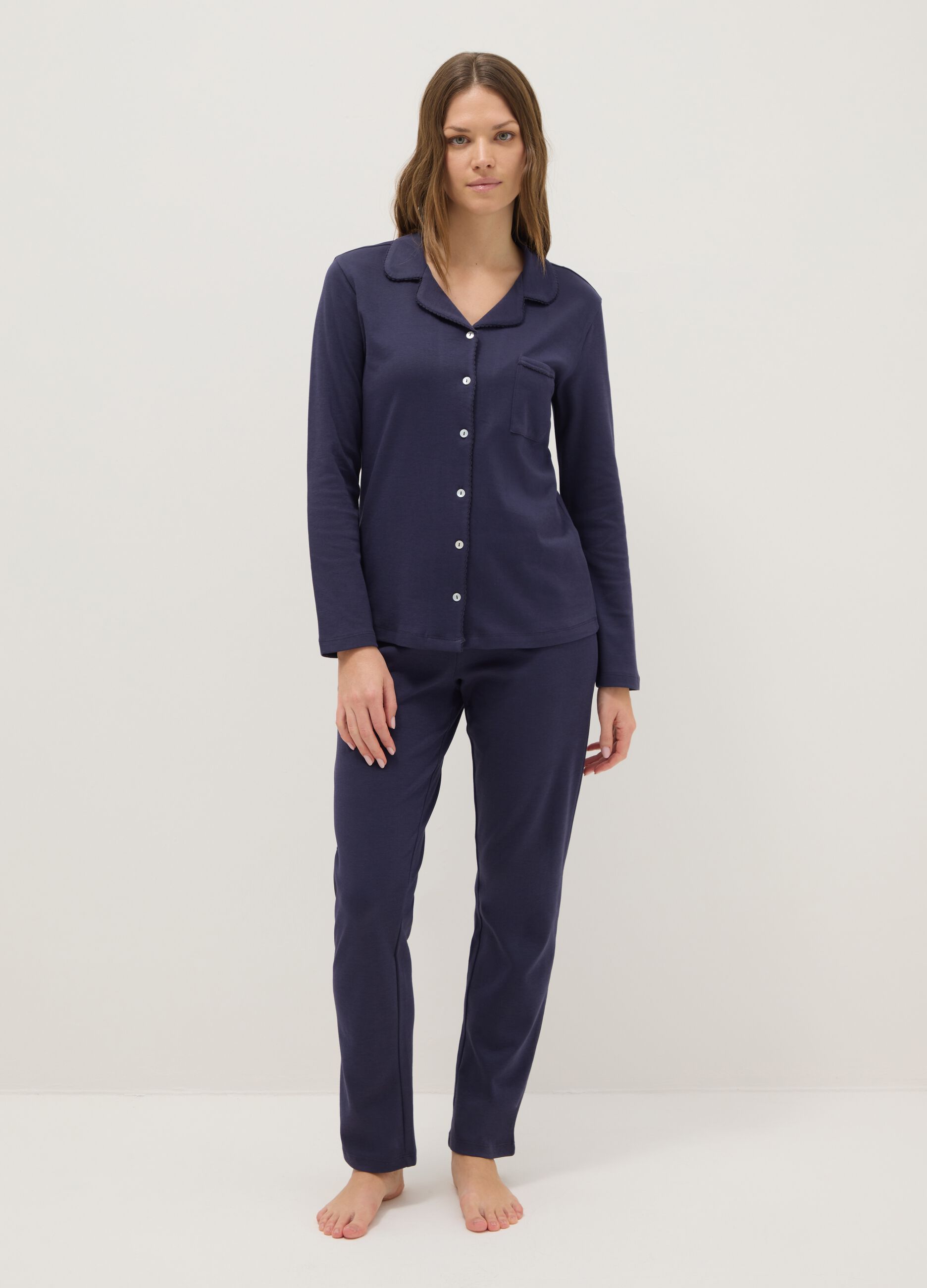 Blue pure cotton regular fit pyjamas with chest pocket and V-neck