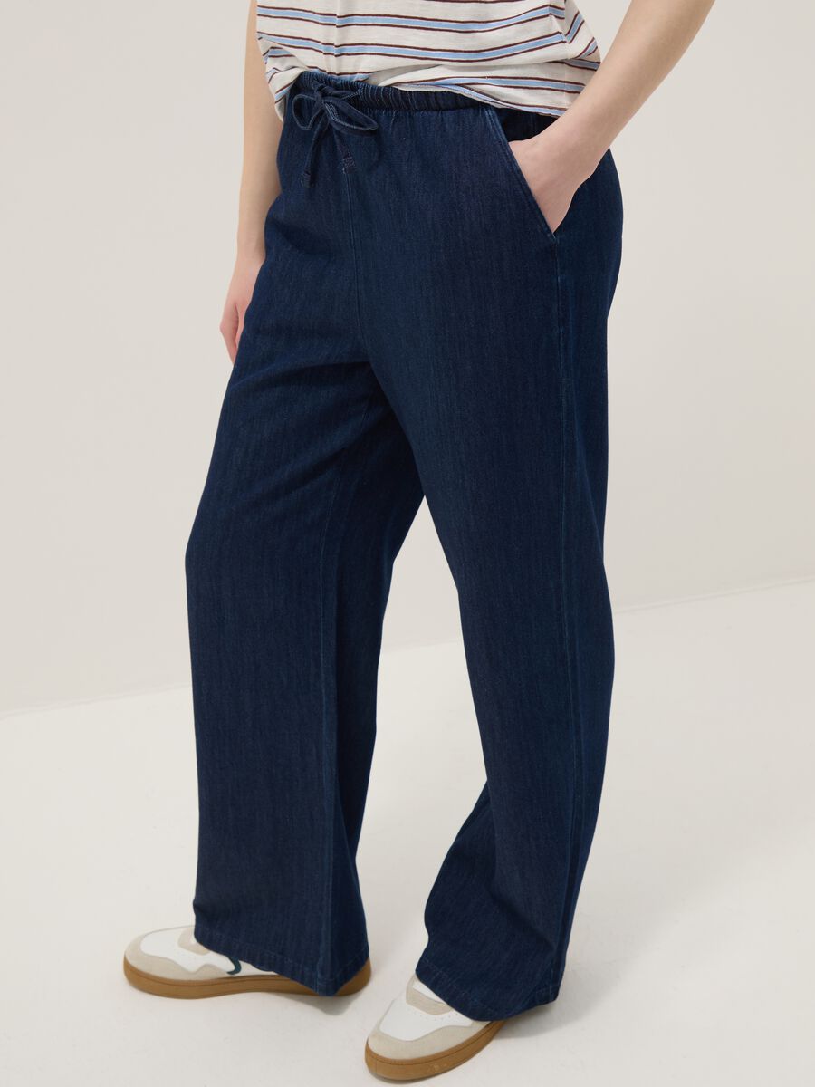 Blue pure cotton wide-leg denim trousers_3