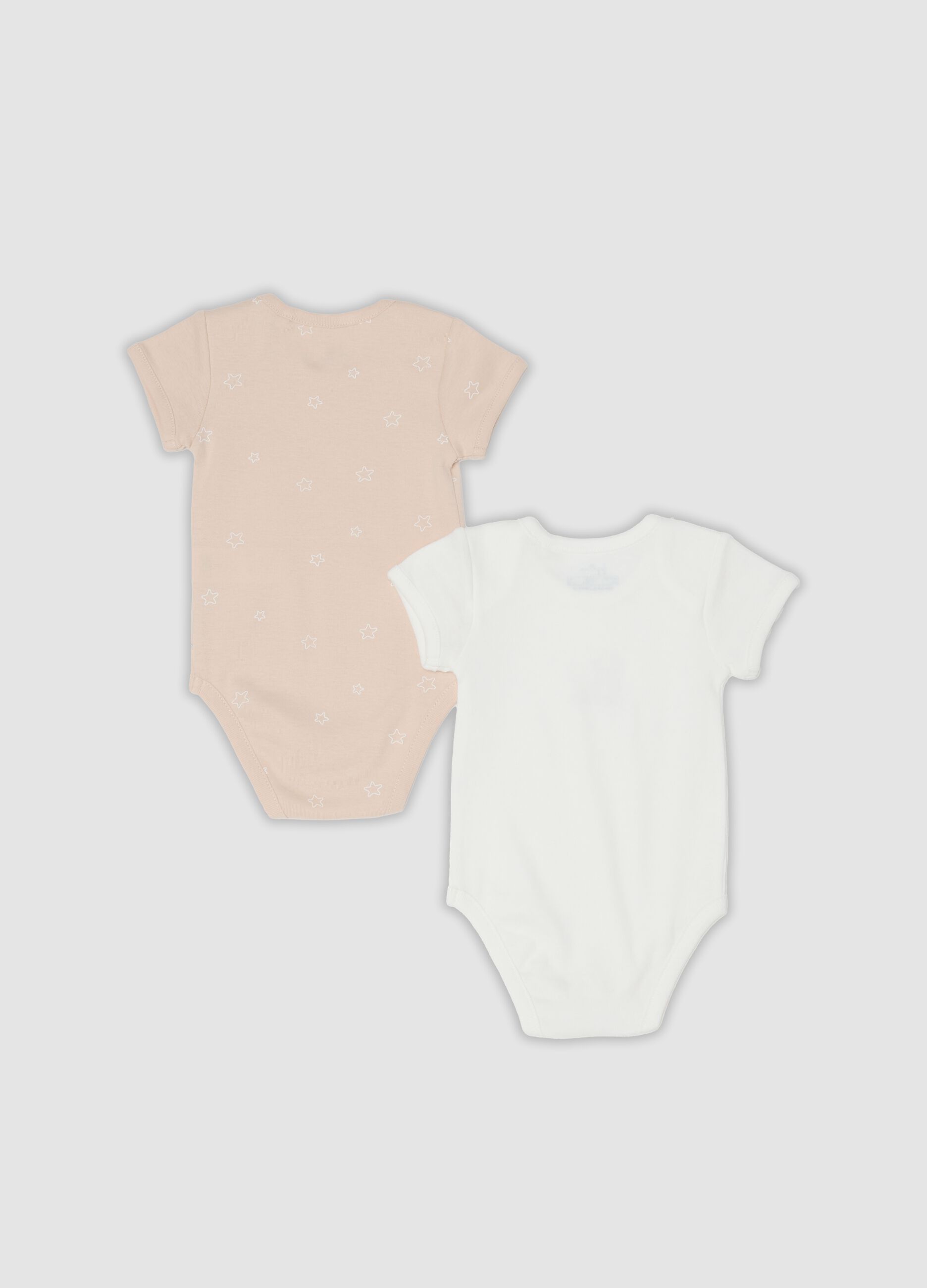2-pack of white and beige short-sleeve organic cotton baby bodysuits
