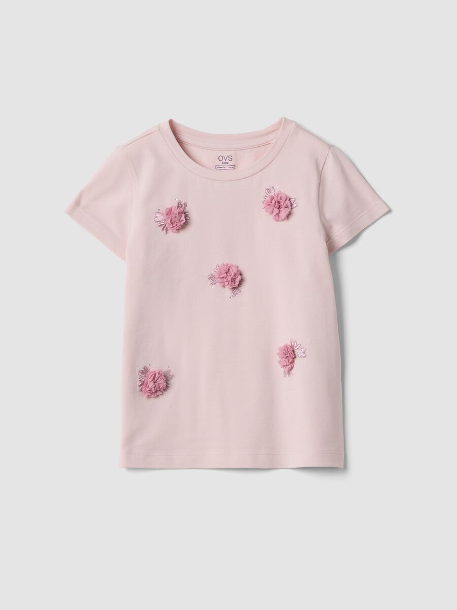 T-shirt rosa de manga curta em algod&atilde;o el&aacute;stico com aplica&ccedil;&otilde;es florais_0