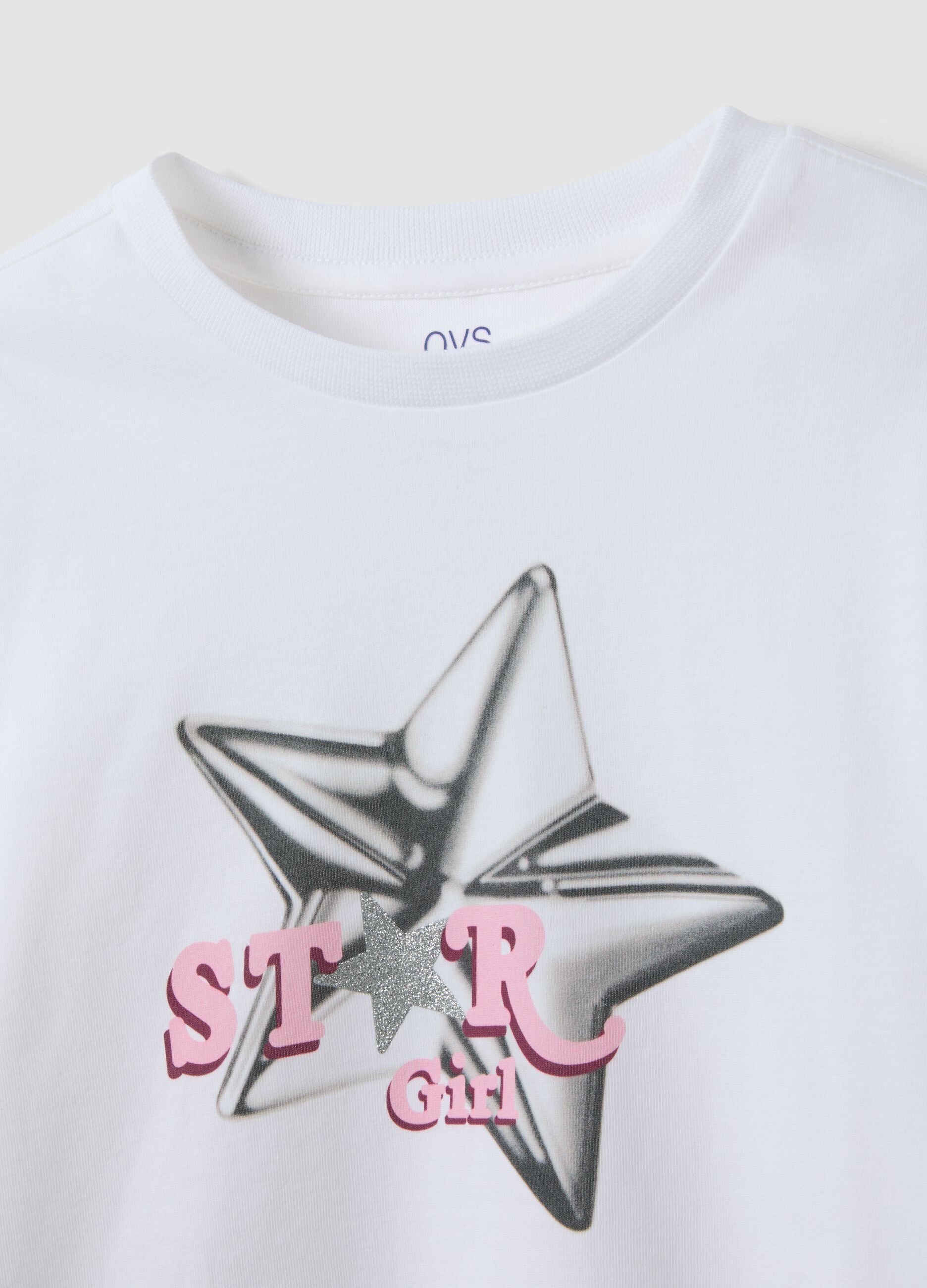 Rosa T-Shirt aus reiner Bio-Baumwolle mit Stern-Print f&uuml;r M&auml;dchen
