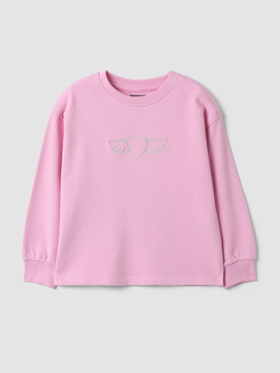 Pink pure cotton crew-neck sweatshirt with heart print for girls_0