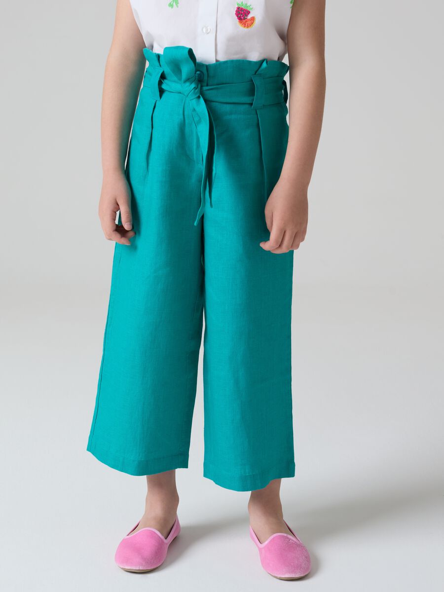 Pantalone wide leg in lino con cintura_1