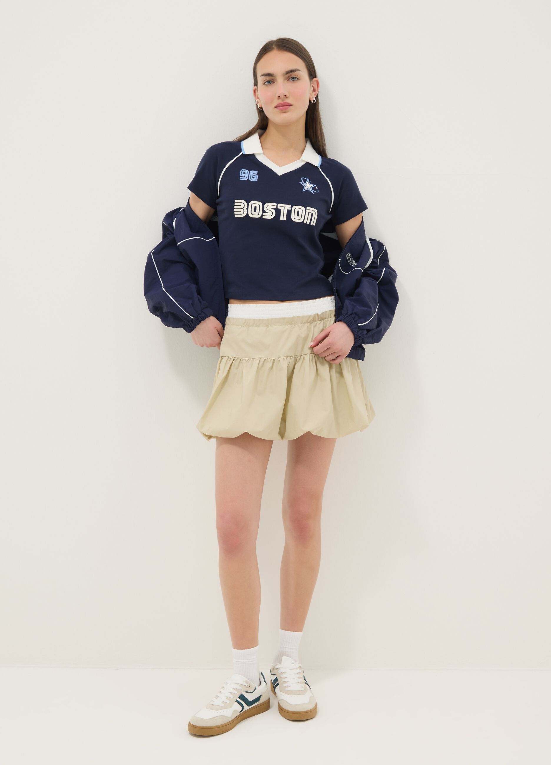 Saia bege de puro algod&atilde;o com corte regular e design franzido