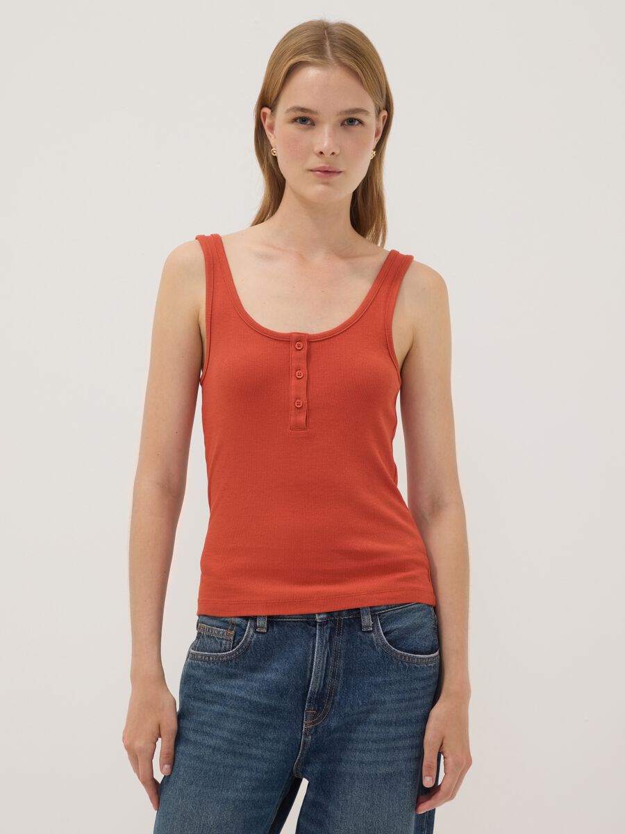 Red stretch cotton buttoned tank top, regular fit_1