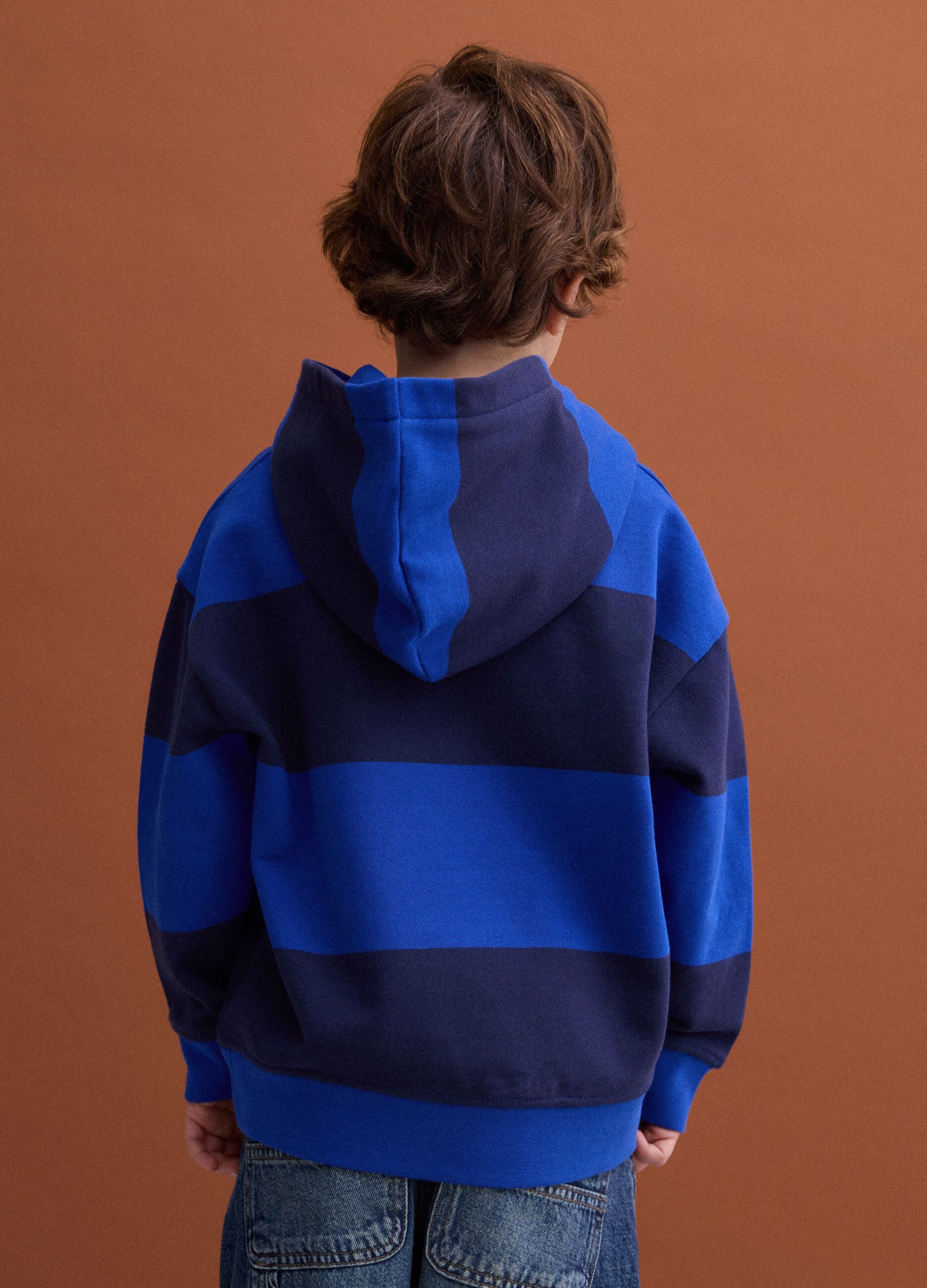 Felpa blu navy con cappuccio in puro cotone over fit a righe