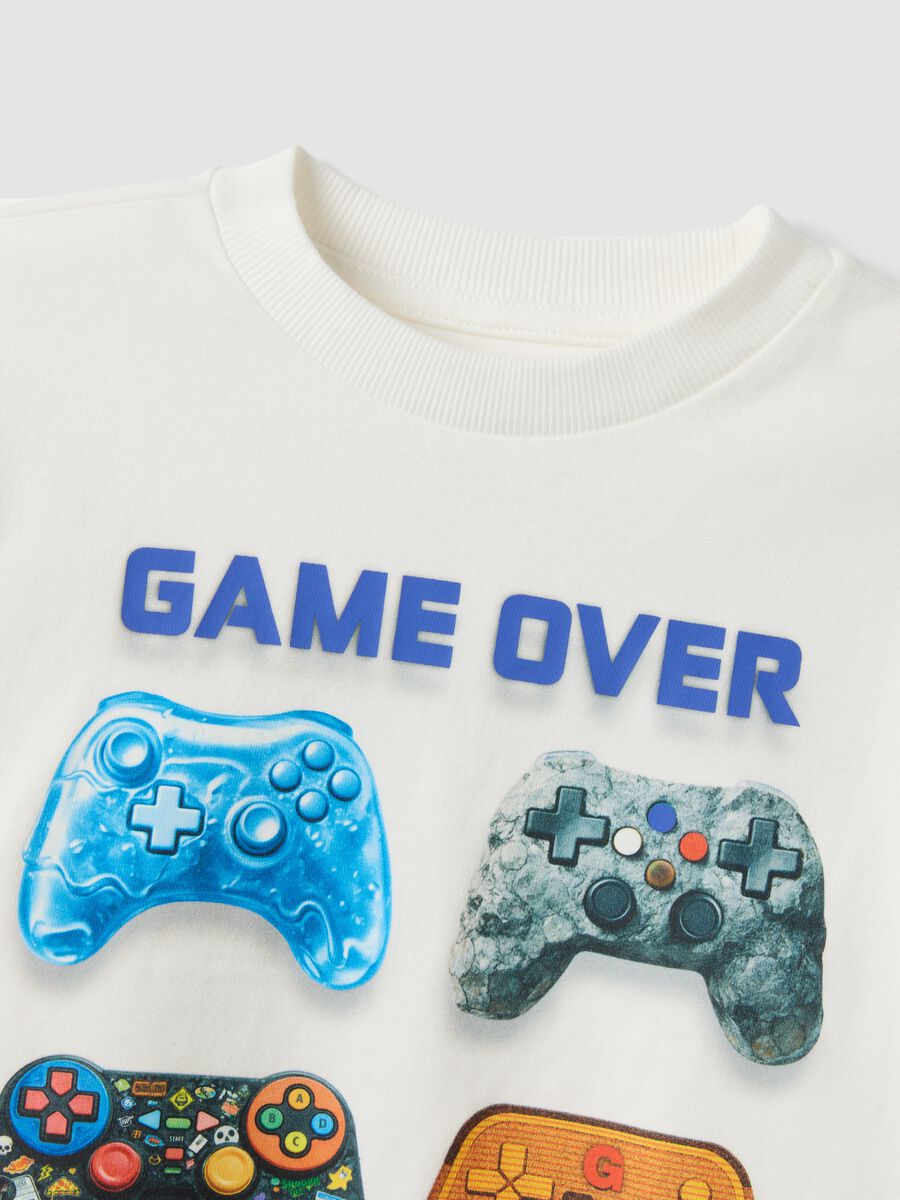 White pure cotton crew-neck T-shirt with gaming print_3