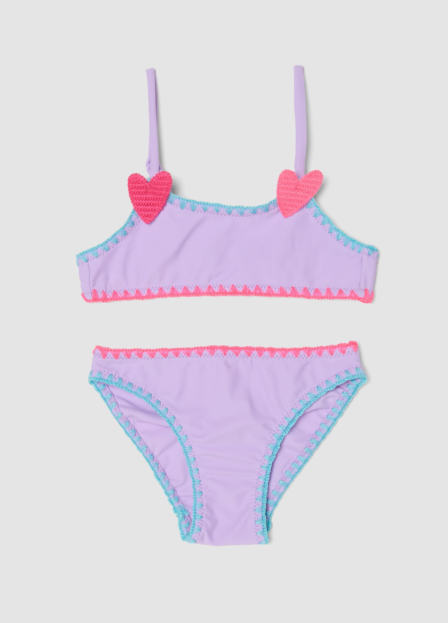Purple stretch bikini with appliqu&eacute; hearts