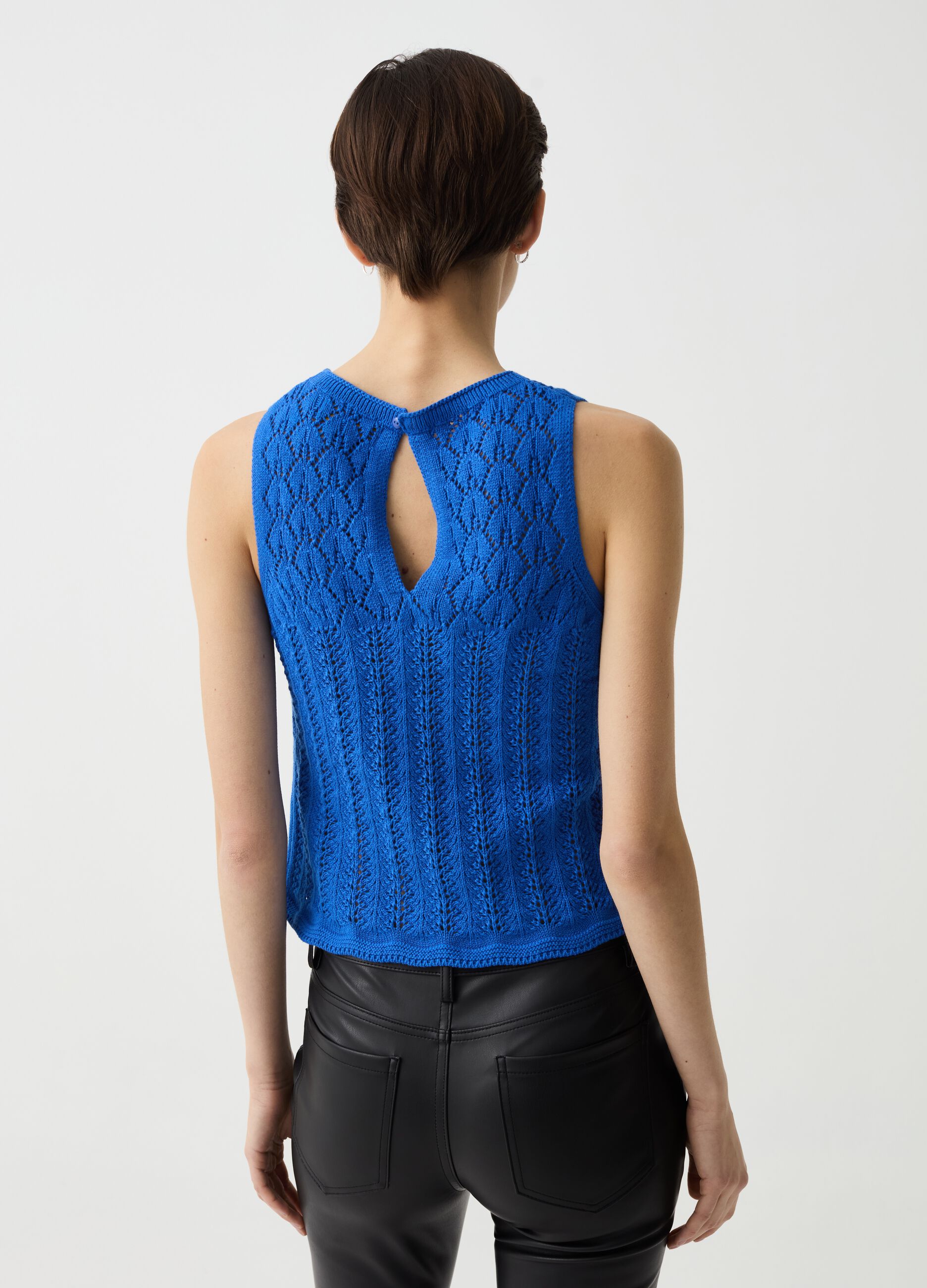 Tank top with crochet yoke and round neck