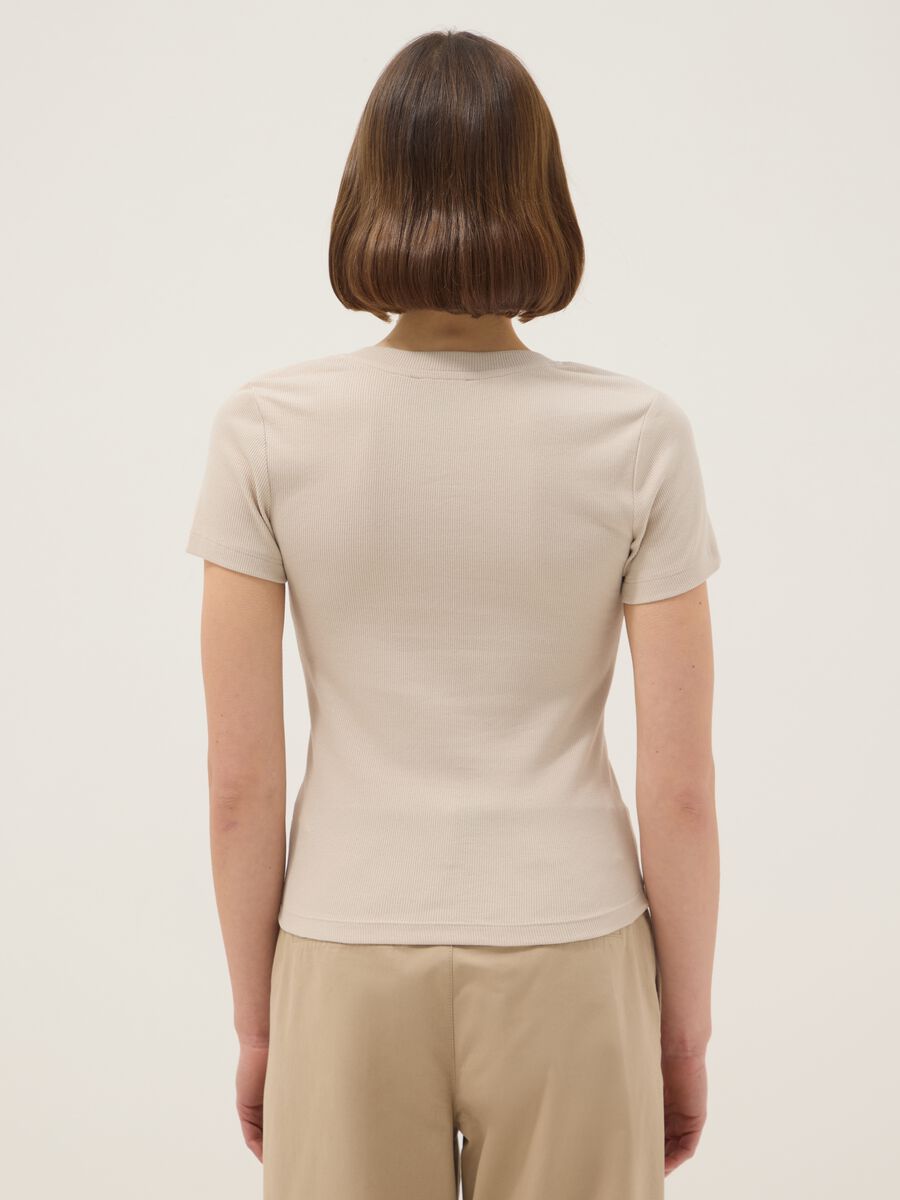 Beige Stretch Cotton Regular Fit T-shirt Deep V_3