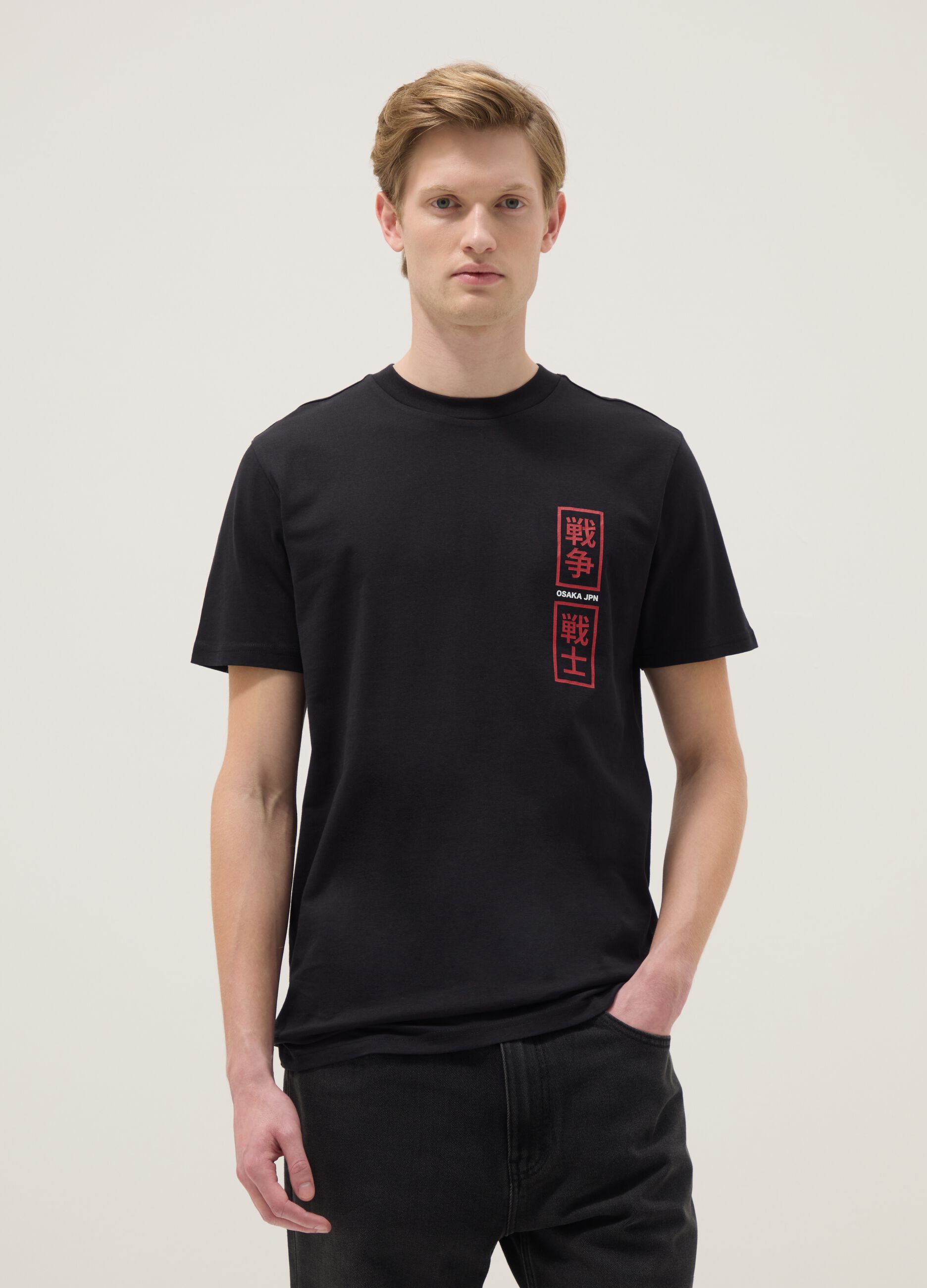 Black pure cotton regular fit t-shirt with Osaka print
