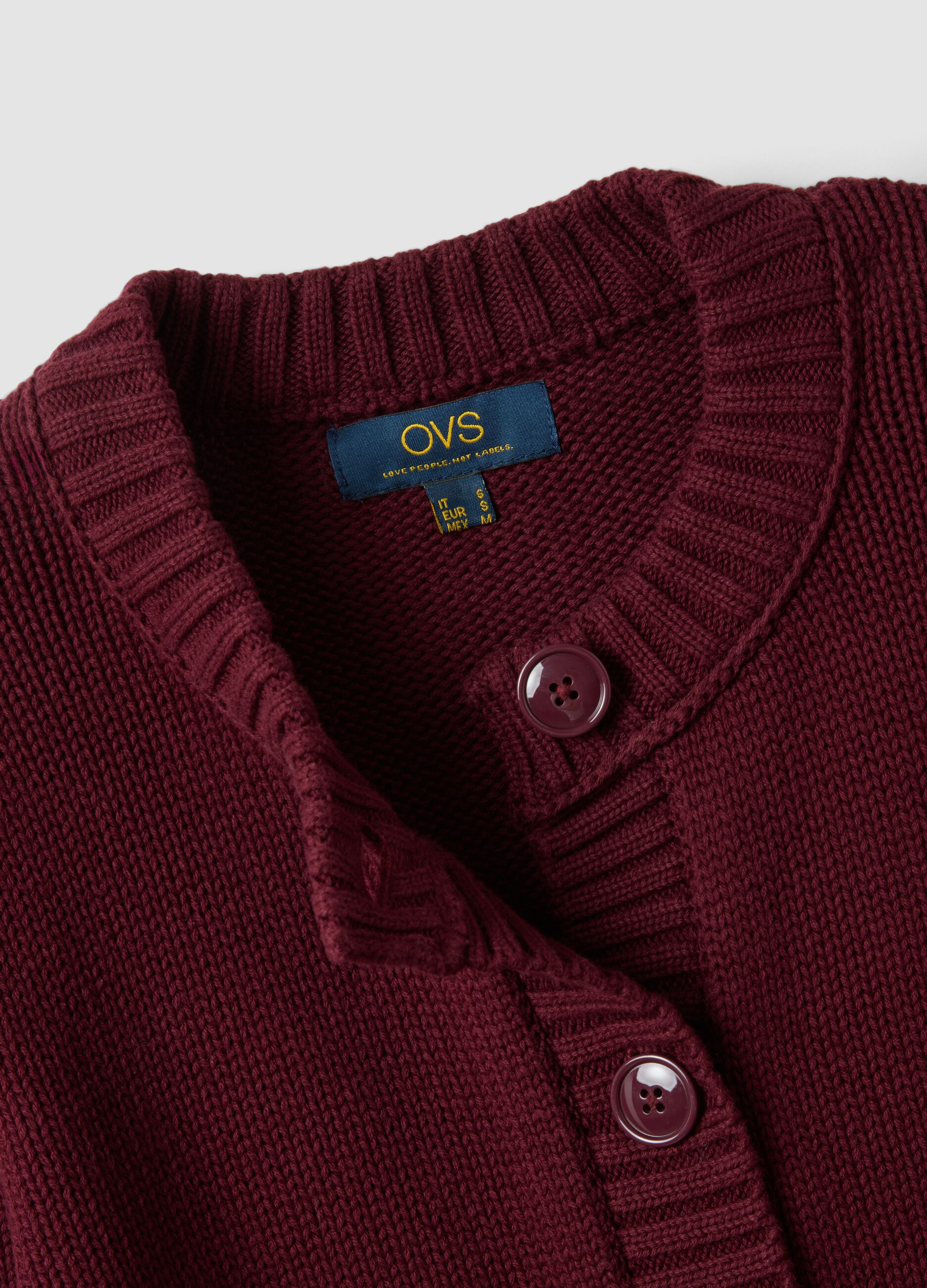 Burgundy pure cotton crew-neck cardigan with buttons, regular fit