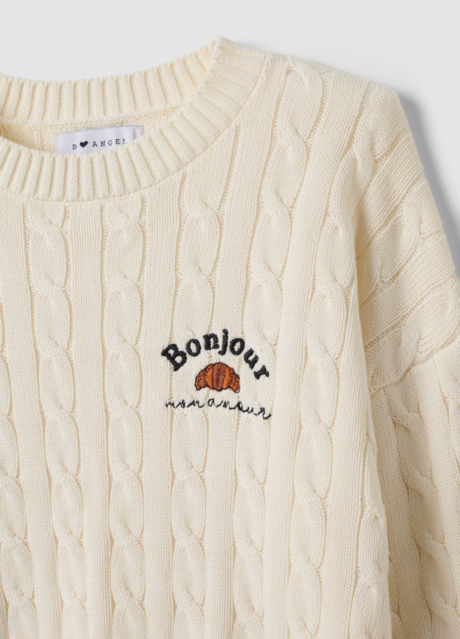 White pure-cotton cable-knit jumper with croissant embroidery