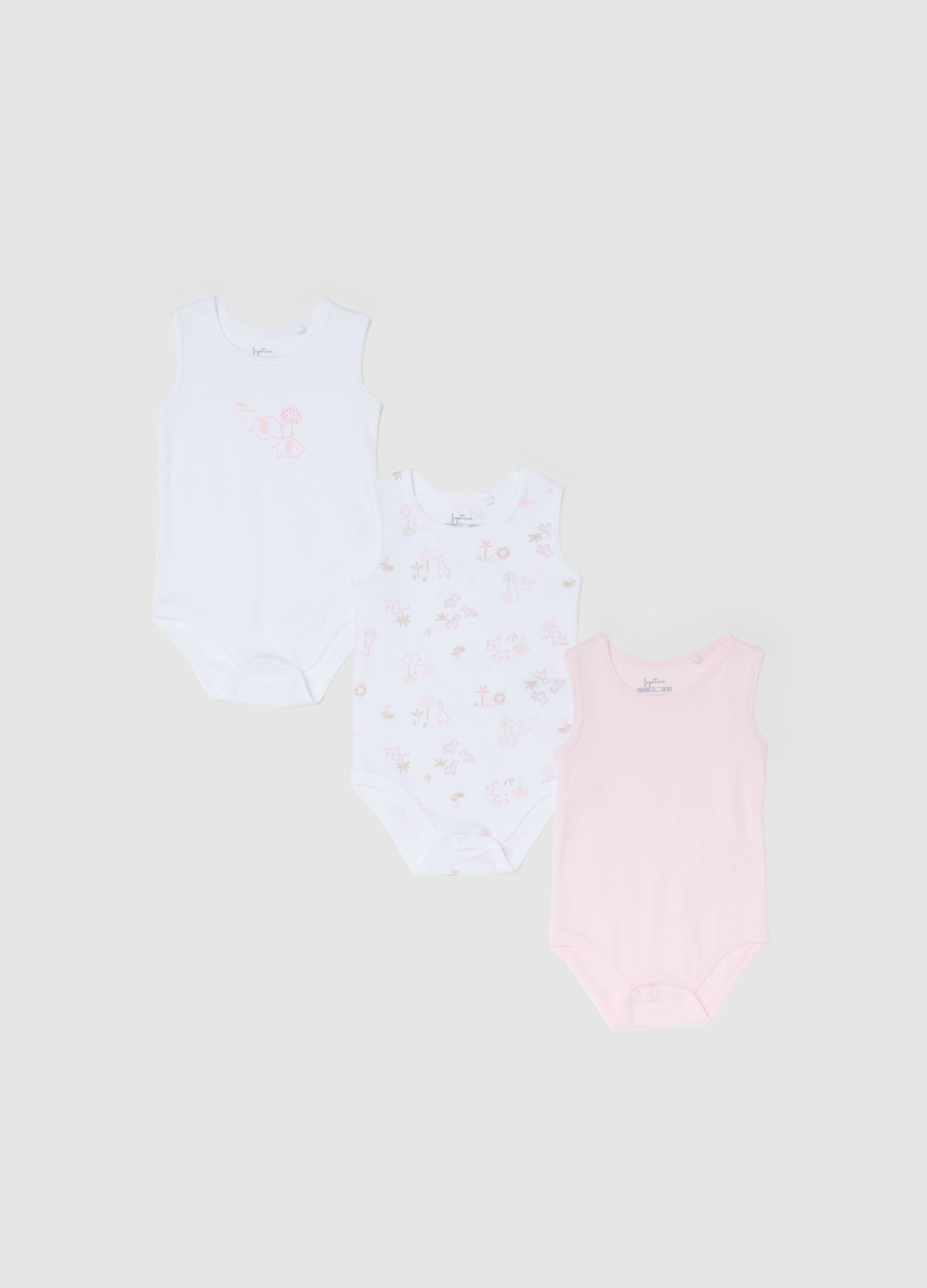 Pack of sleeveless bodysuits in pure multicolored cotton for baby girls