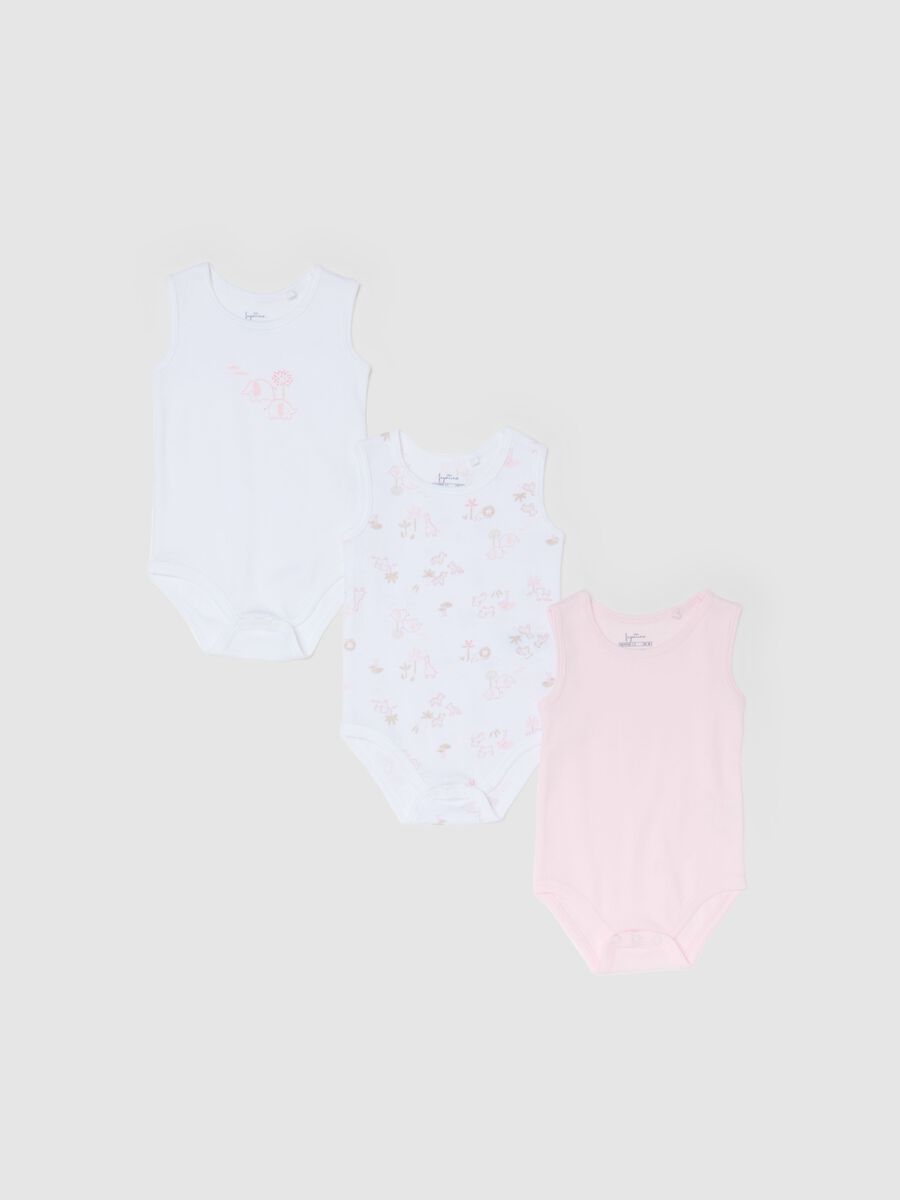 Pack of sleeveless bodysuits in pure multicolored cotton for baby girls_0