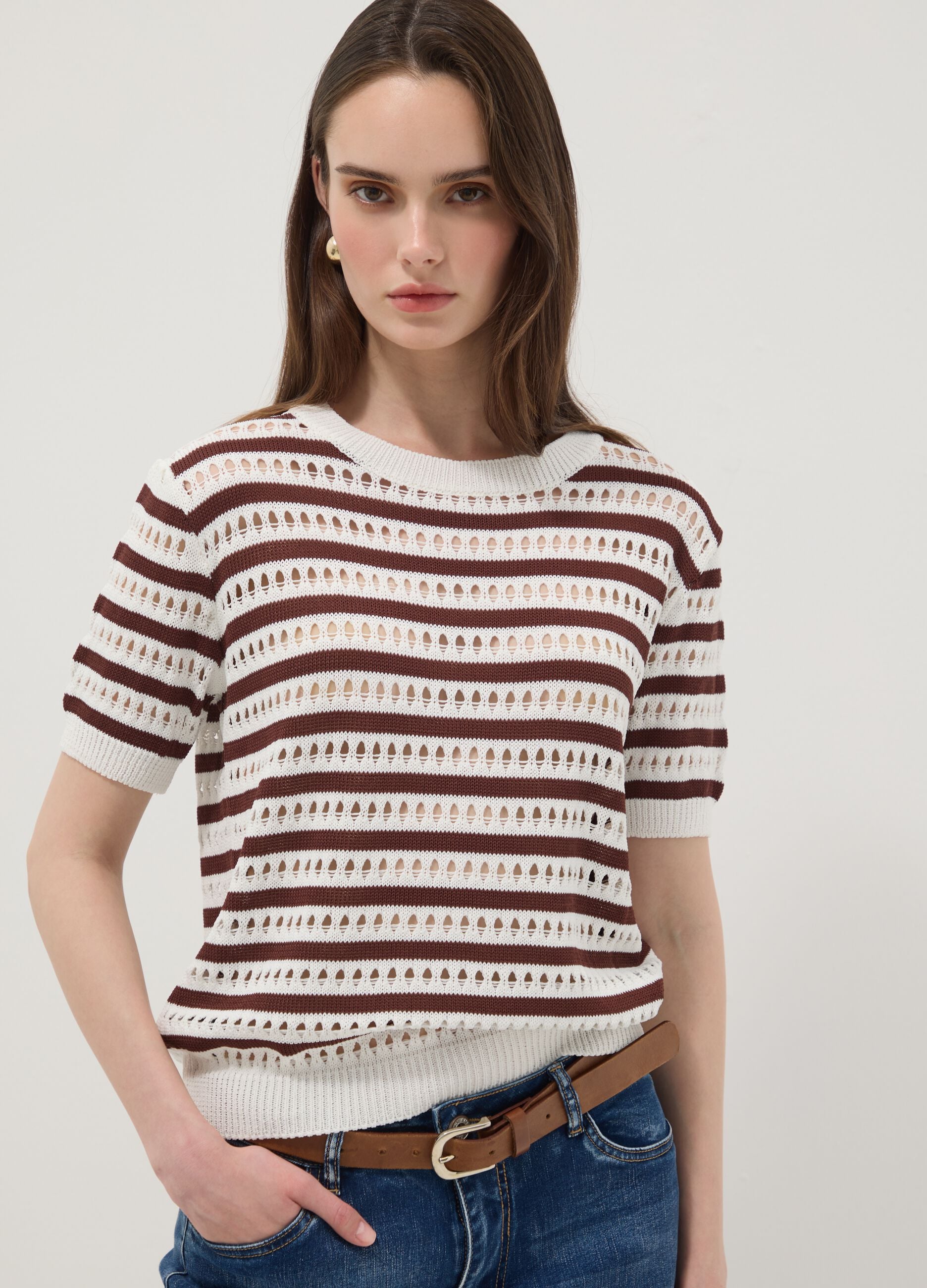 White and brown striped open-knit viscose-blend T-shirt, regular fit