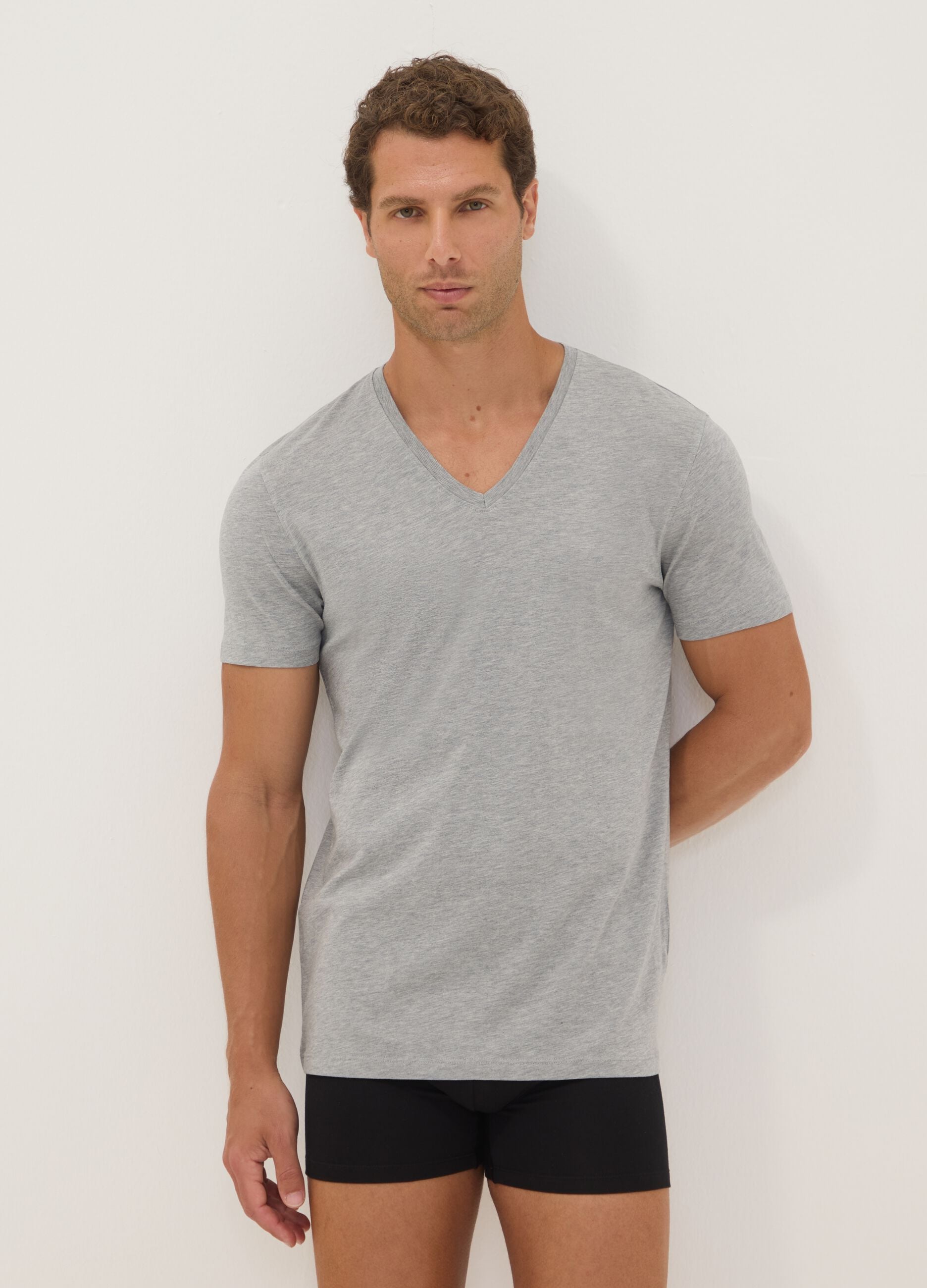 Grey Supima cotton regular-fit V-neck T-shirt