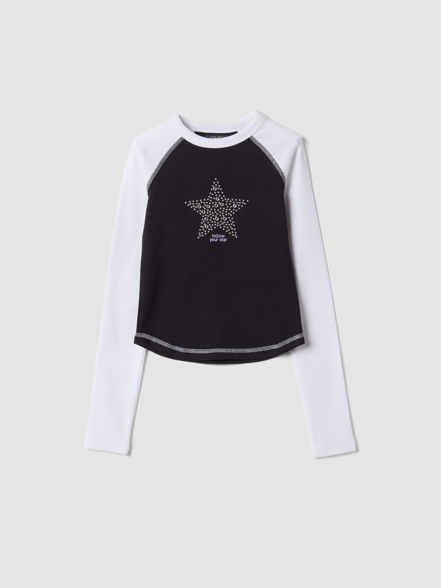 T-shirt blu in cotone elasticizzato con collo a costine_3