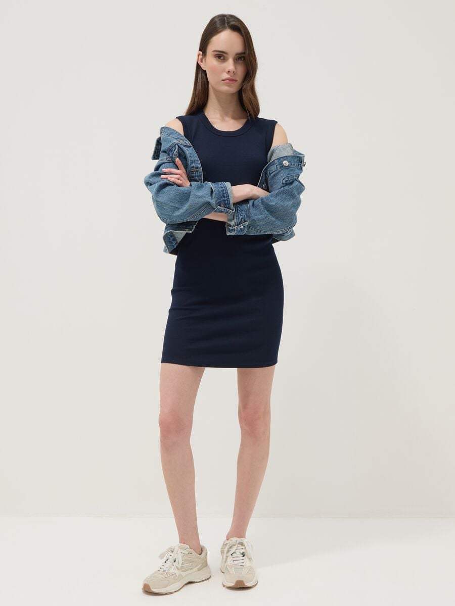 Vestido midi azul de algod&oacute;n el&aacute;stico acanalado_0