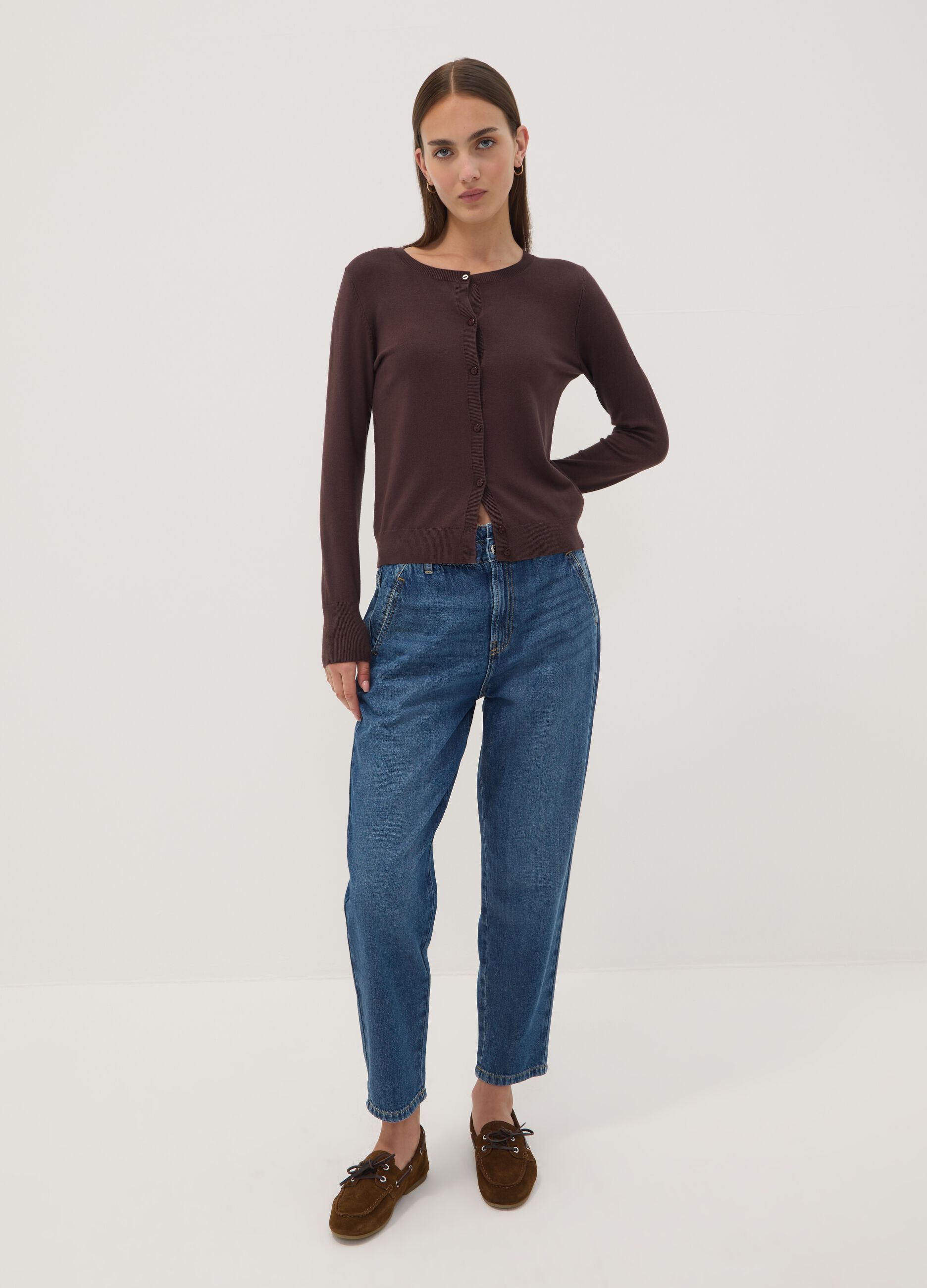 Brown viscose-blend crew-neck cardigan, regular fit