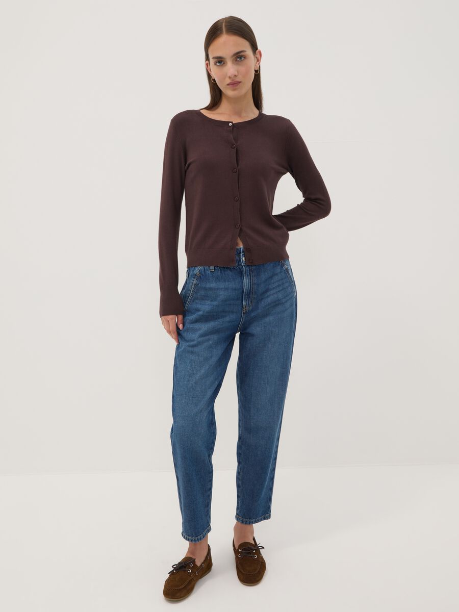 Brown viscose-blend crew-neck cardigan, regular fit_1