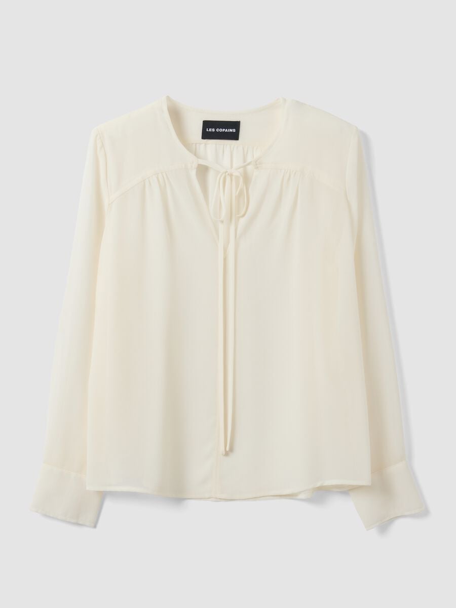 White regular-fit blouse with V-neck and tie detail_0