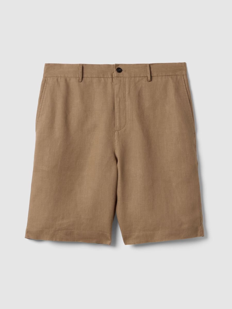 Regular Fit Braun Pure Leinen Bermuda Shorts_4