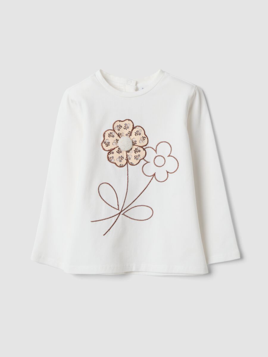 White stretch organic cotton T-shirt with floral print_0