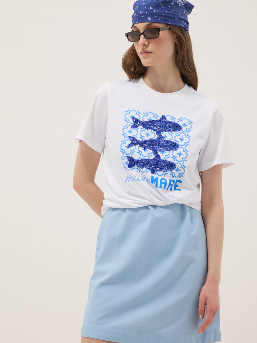 White 100% cotton T-shirt with front print_0