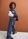 Blue varsity jacket with beige sleeves and print for boys_1