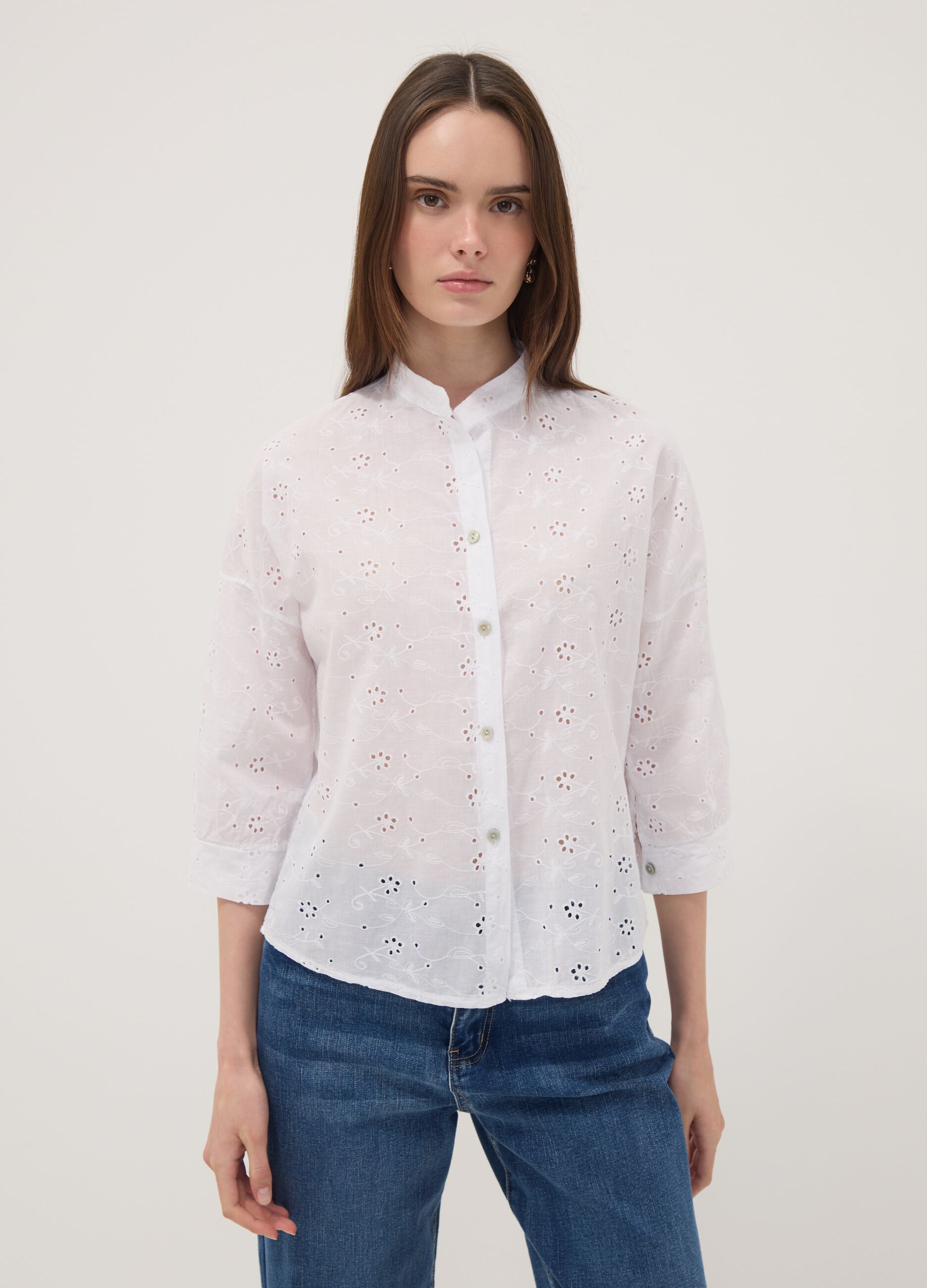 White broderie anglaise pure cotton shirt with Mandarin collar, regular fit