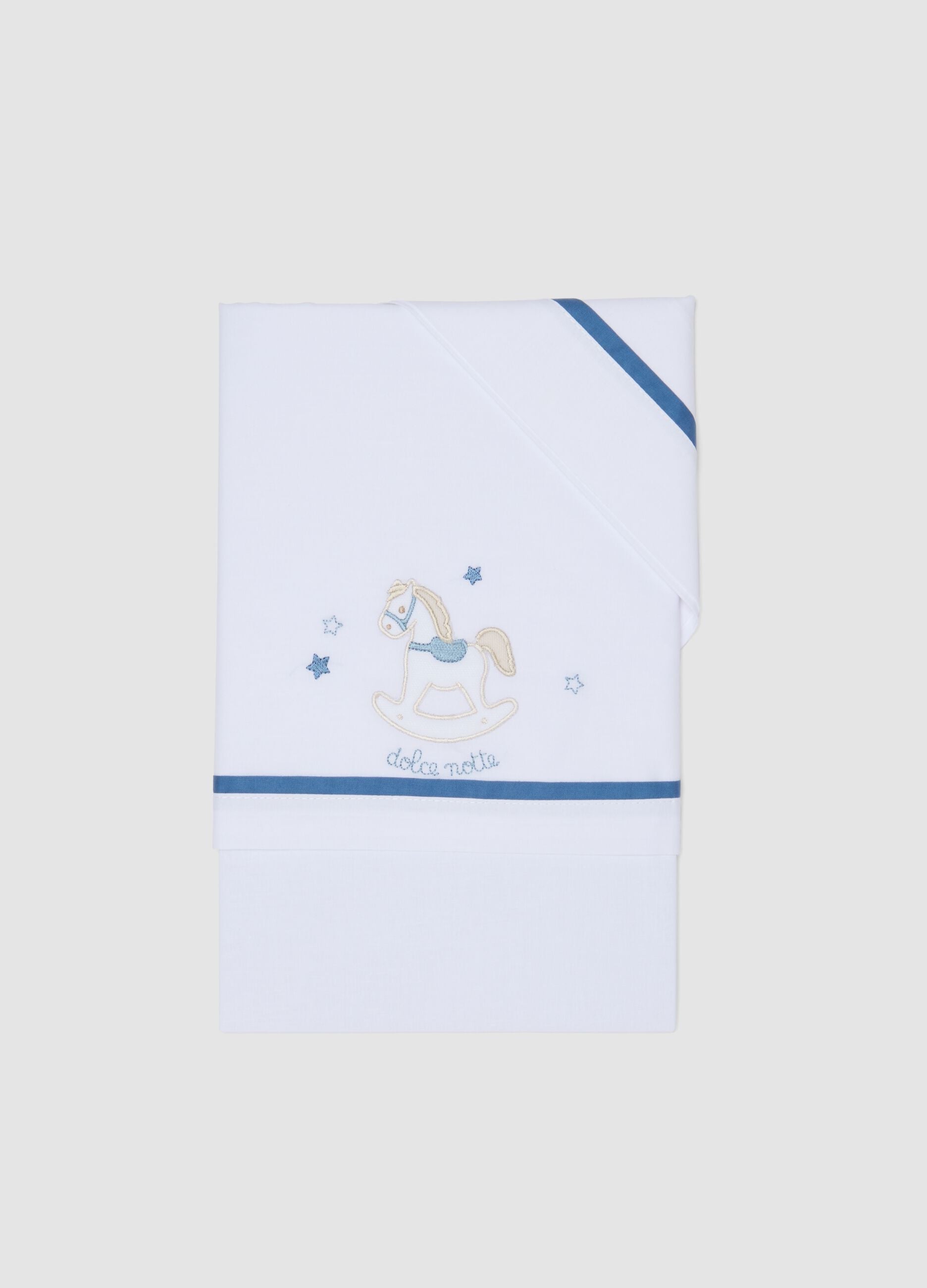 White pure cotton baby sheet with rocking horse embroidery