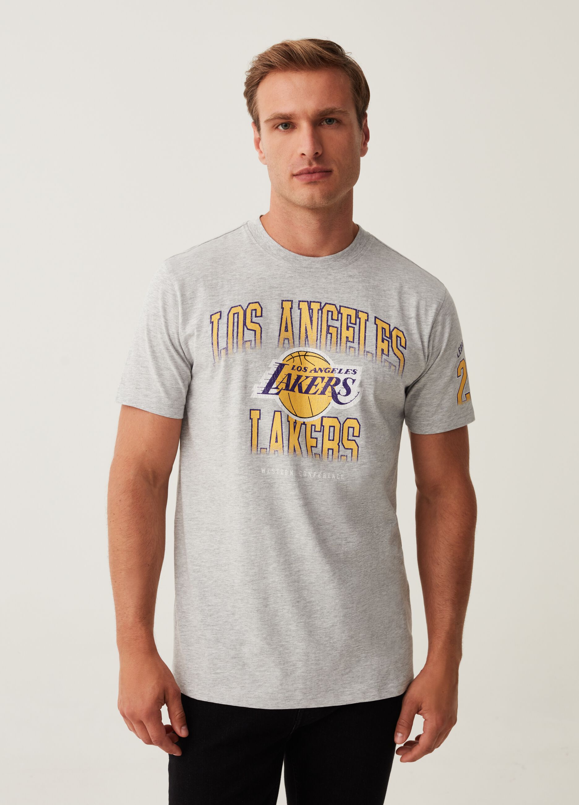 NBA Man's Light Grey Marl T-shirt with NBA Los Angeles Lakers print