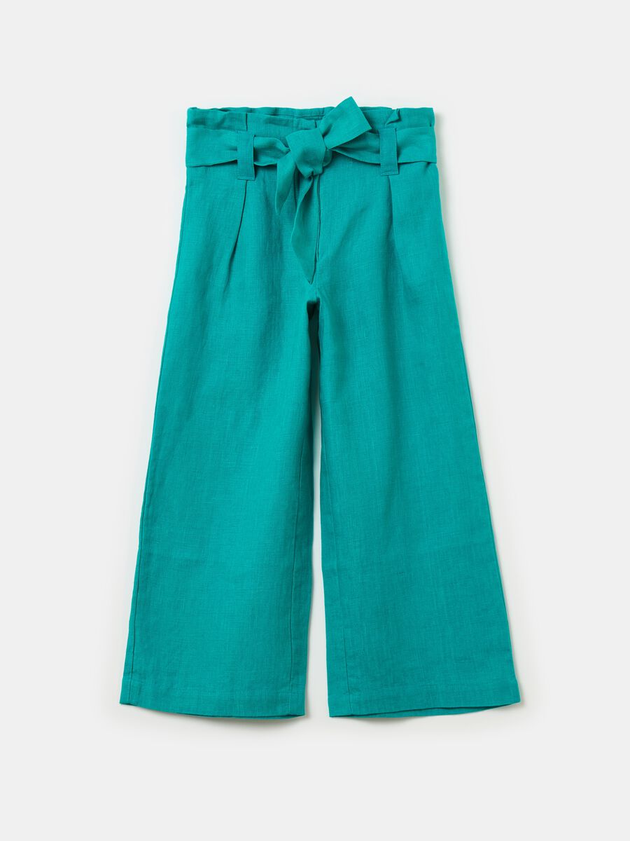Pantalone wide leg in lino con cintura_0