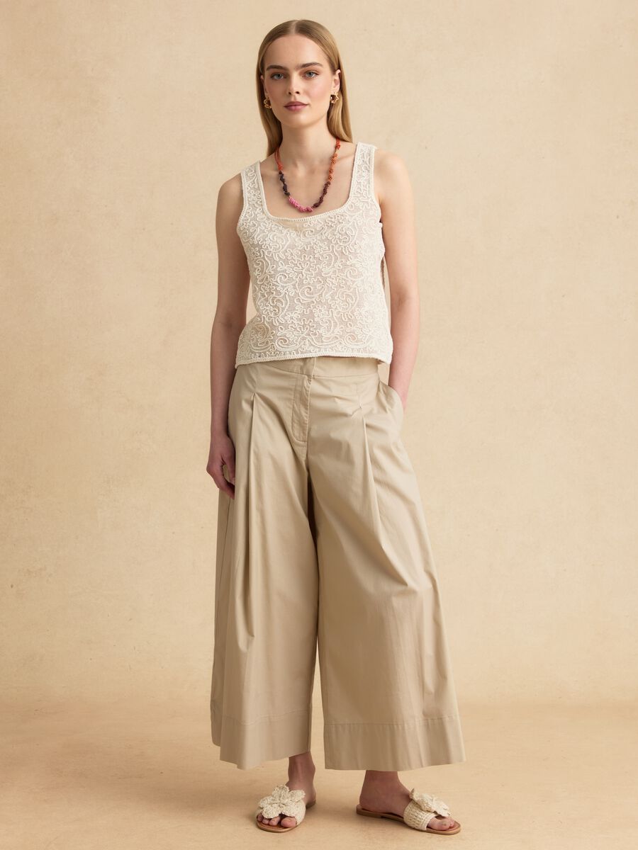 Beige stretch cotton palazzo trousers_0