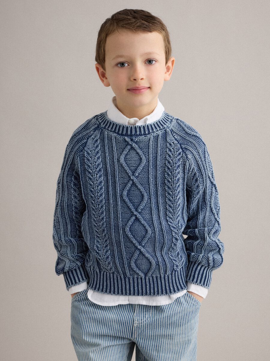 Children's blue pure cotton sweater, regular fit with knitted design_1