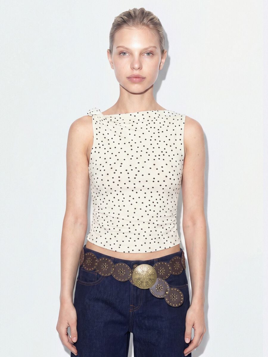 White asymmetric one-shoulder slim-fit polka-dot stretch viscose top_0