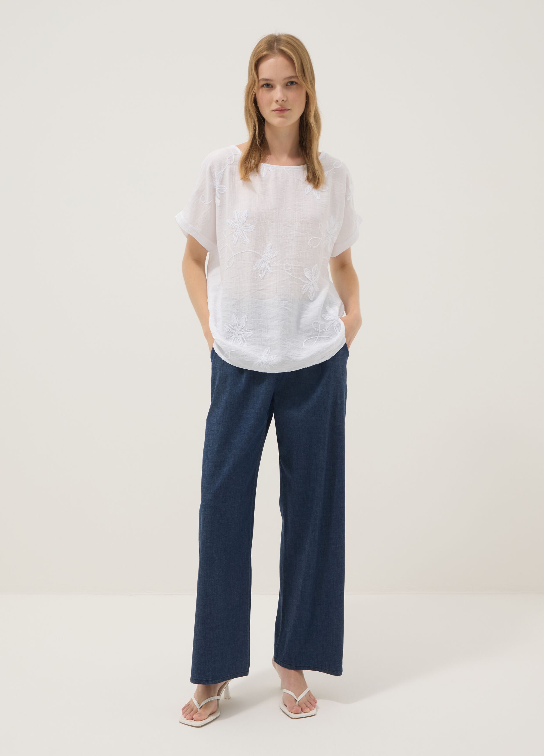 Blaue Palazzo-Hose aus Stretch-Baumwolle