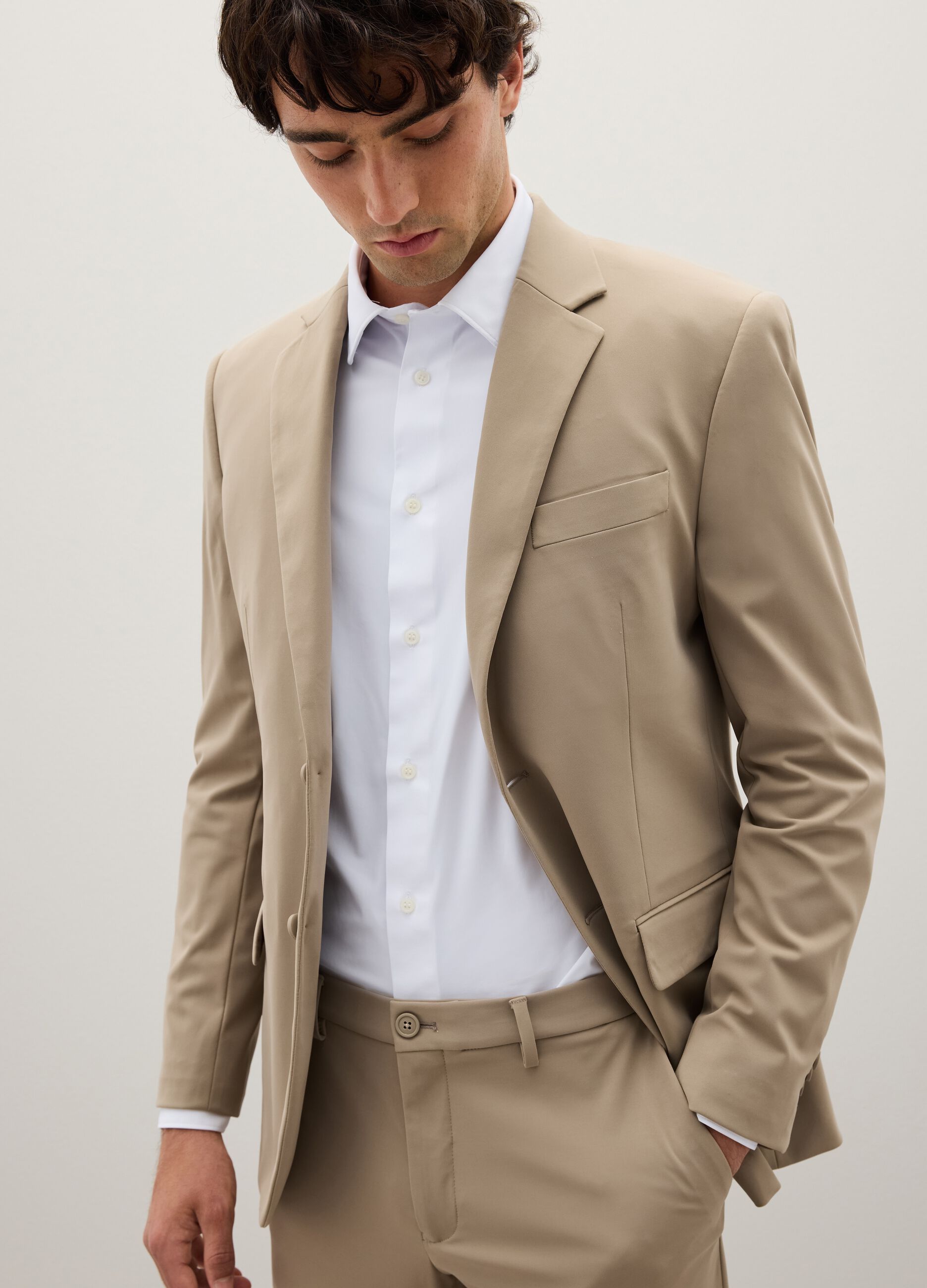 Beige Stretch Fabric Slim Fit Blazer