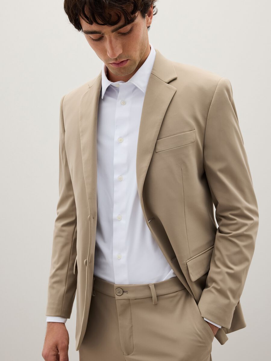 Beige Stretch Fabric Slim Fit Blazer_0