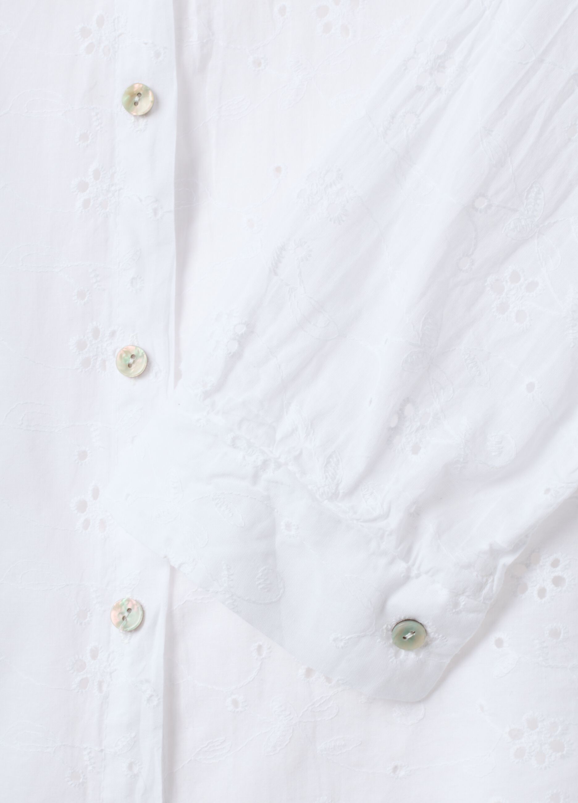 White broderie anglaise pure cotton shirt with Mandarin collar, regular fit